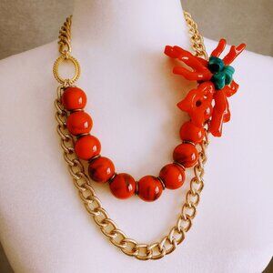 Coral and Gold Chain Statement Necklace